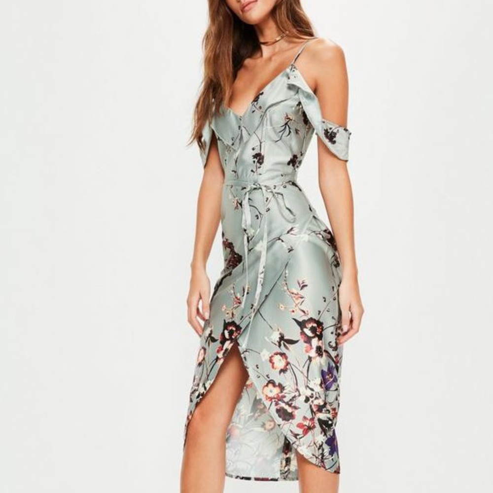 Silver floral printed midi frill dress